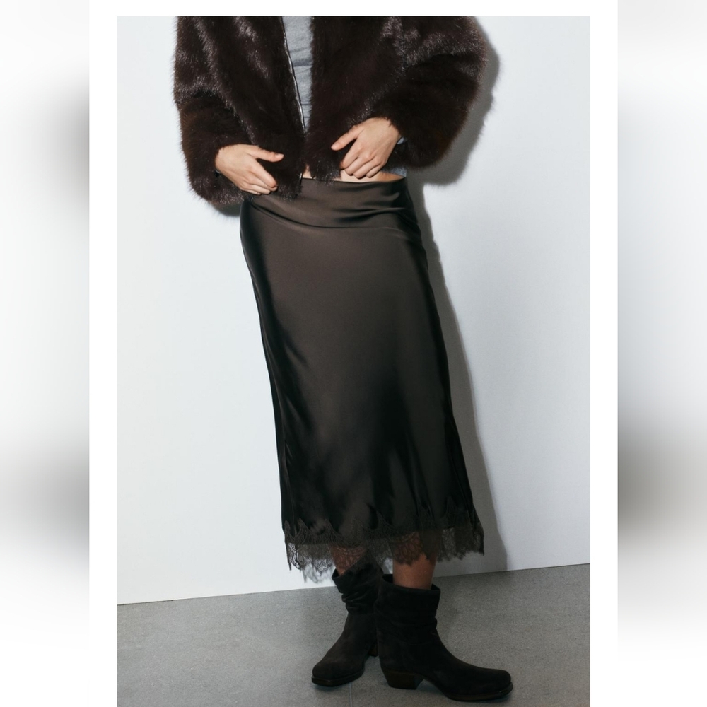 NWT Zara Elegant Chocolate Brown Satin Lace Skirt XXL